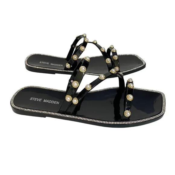 Steve Madden Black Pearl-Studded Flat Sandals With Rhinestone Trim Womens Size 9 - Picture 1 of 11